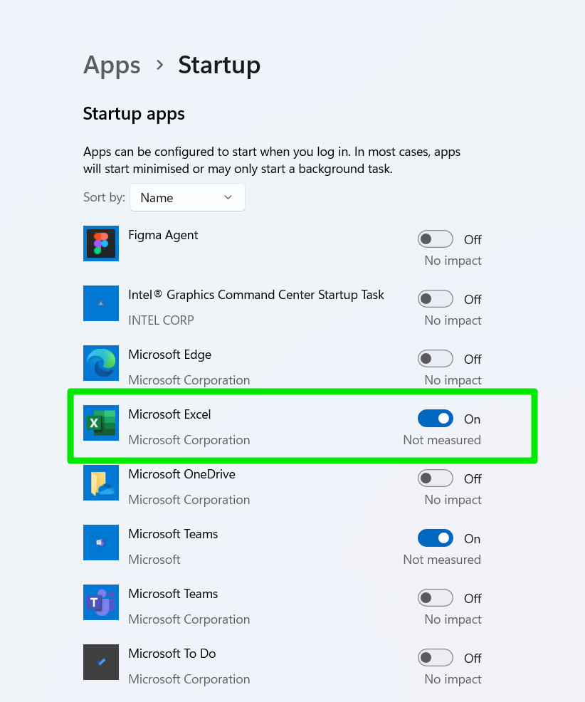 Startup apps Microsoft Excel