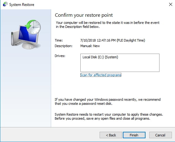 Confirm your restore point to take your PC back in time.