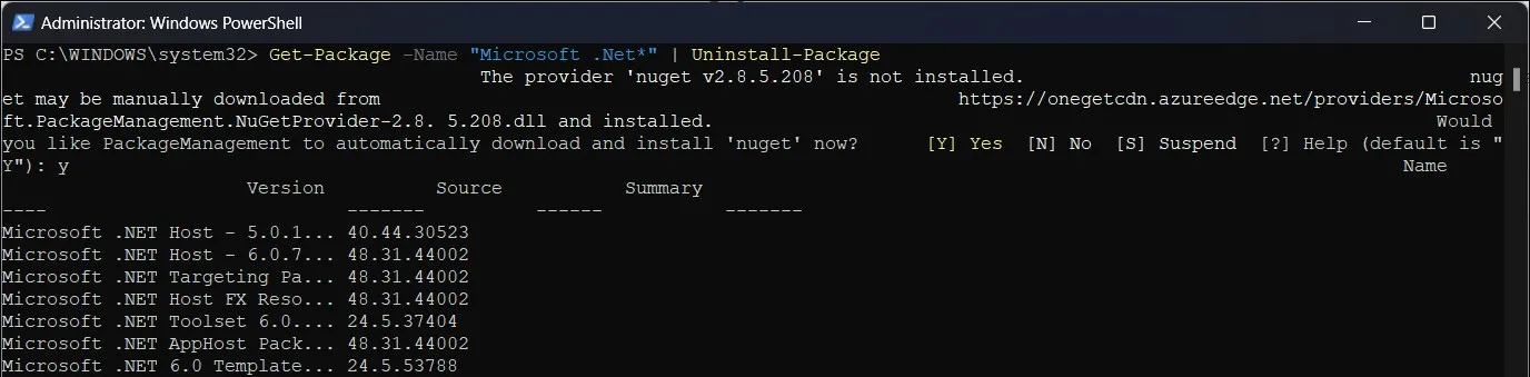 a prompt from PowerShell to install NuGet