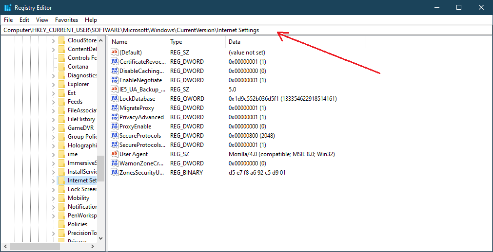 Registry Editor Internet Settings