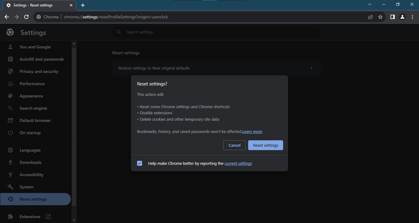 Reset settings on Google Chrome