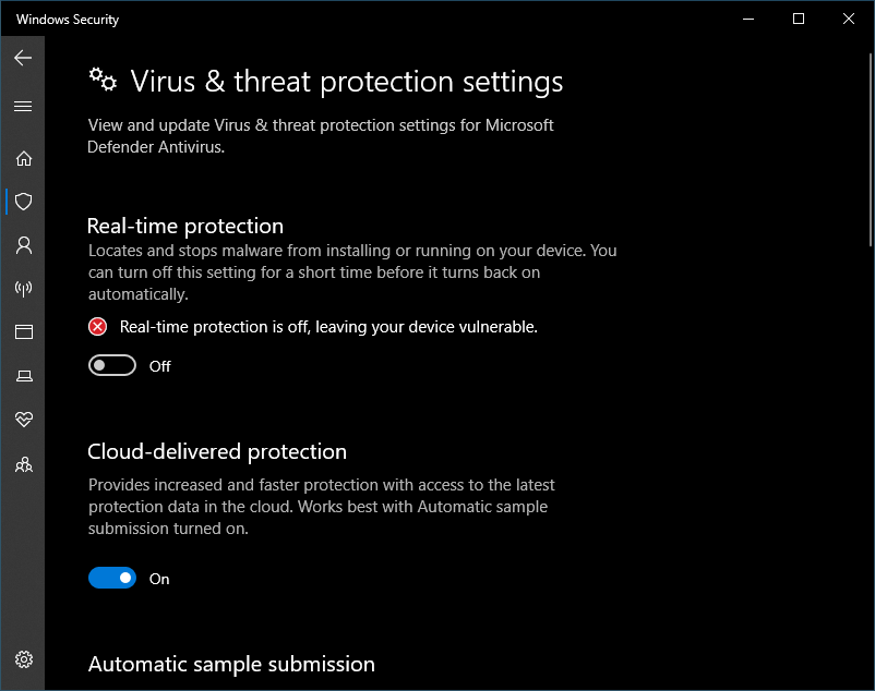 Toggle the option under Real-time protection to off