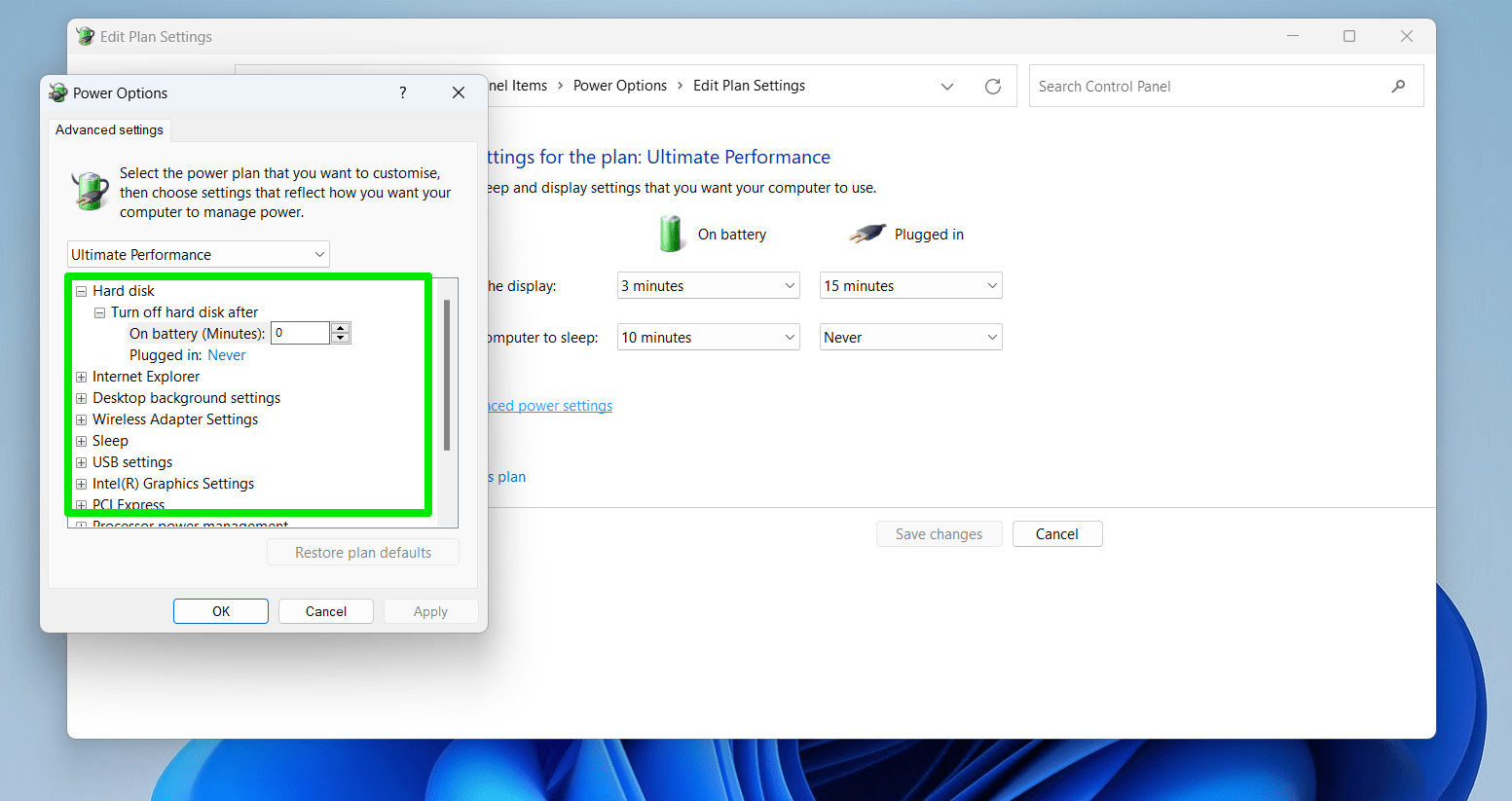 Power options advanced settings Windows 10