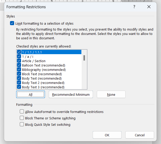 Microsoft Word Limit formatting to a selection of styles