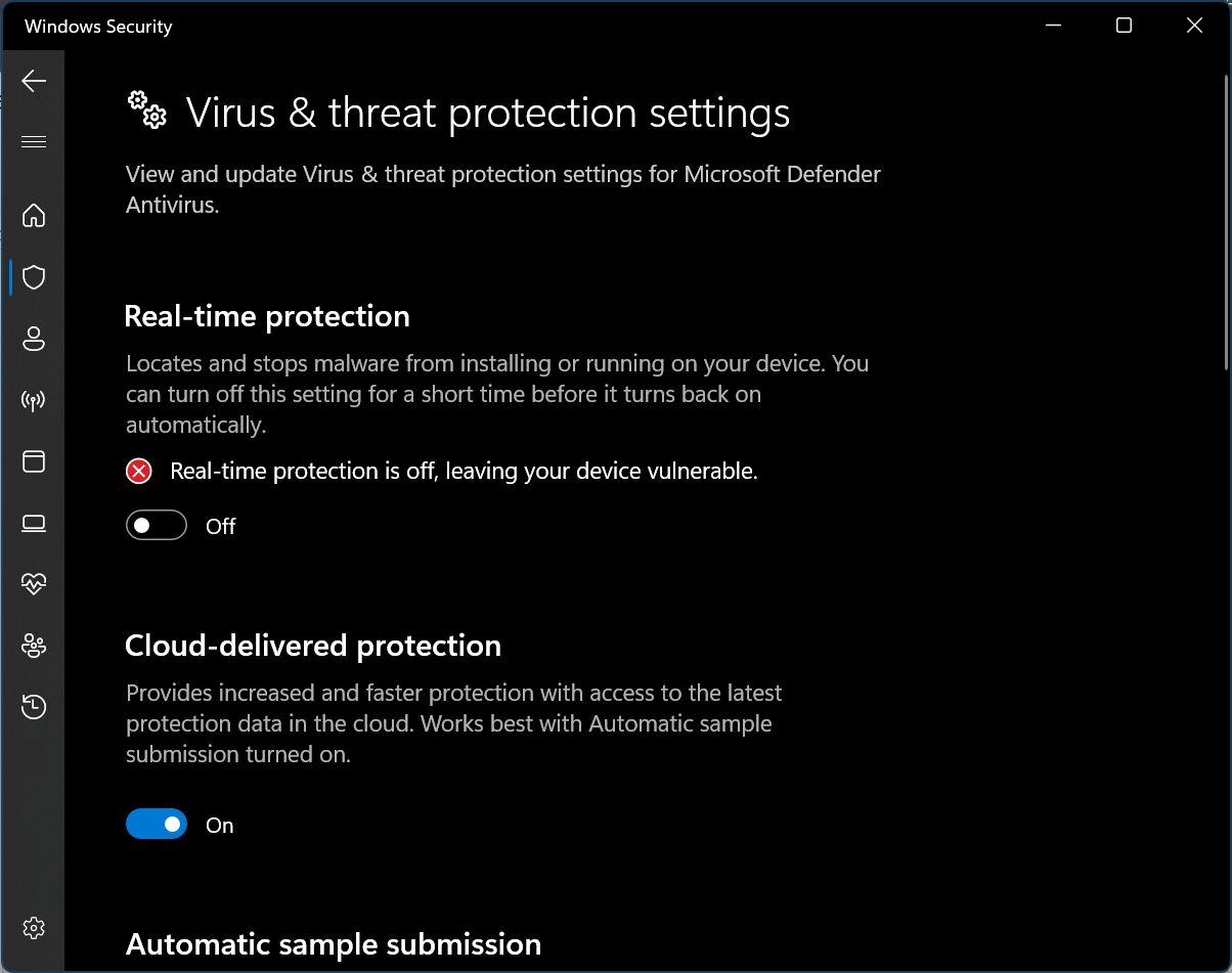 Virus and Threat protection settings