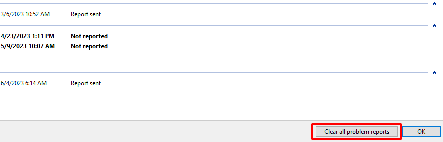 Select “Clear all problem reports” in Reliability Monitor