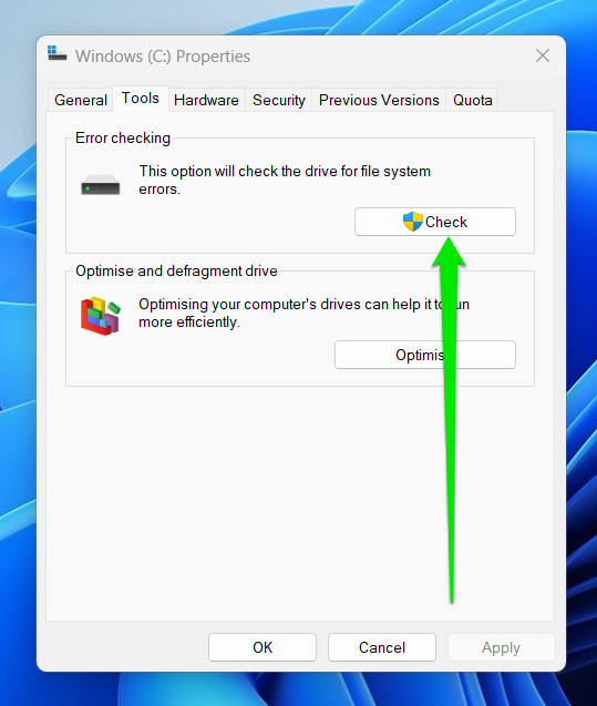 This option will check the drive for file system