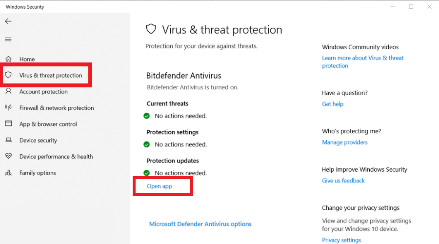 Virus and threat protection open app