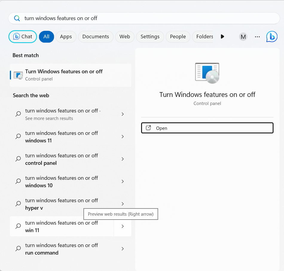 Turn Windows features on or off