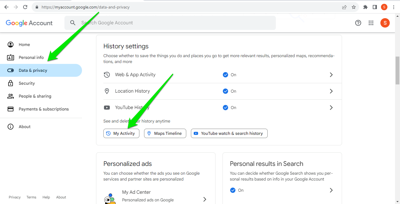 Google Chrome Data and Privacy Hitory Settings