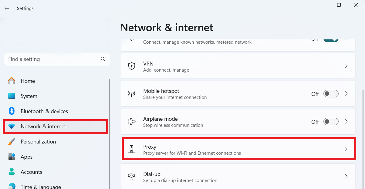 Windows 10 Network and Internet Proxy