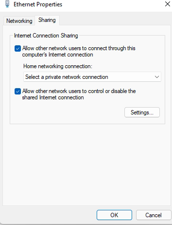 Enable "Allow other network users to connect through this computer's internet connection…".