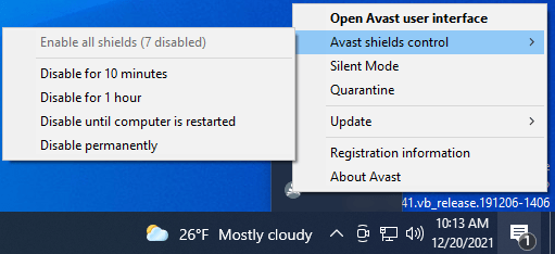 Click on "Avast shields control."