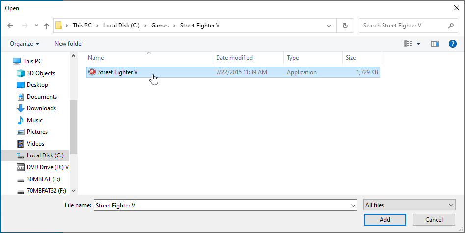 Navigate to Street Fighter V and click on the file.