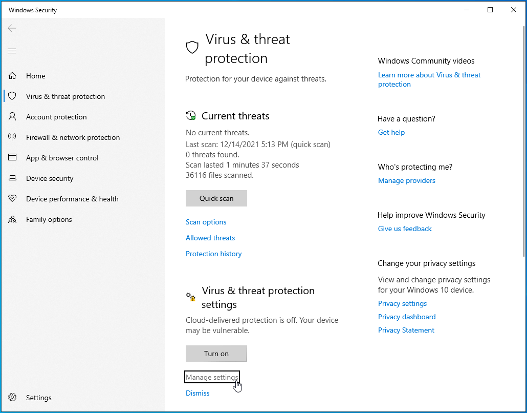 Click on Manage settings on the Windows & threat protection screen.