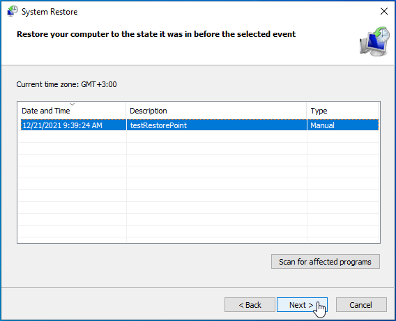 Select a restore point and click Next.