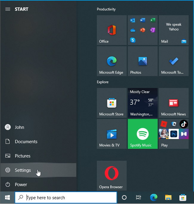 Click on Settings from the Start menu.