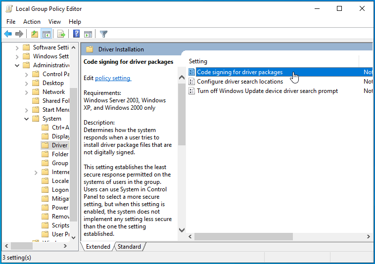 Open “Code signing for driver packages”.