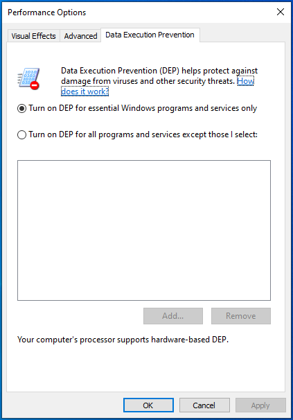 Navigate to the Data Execution Prevention tab.