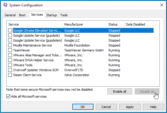 Click Disable all in the System Configuration window.