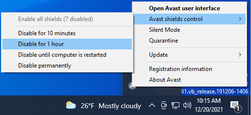 Disable "Avast shields control".