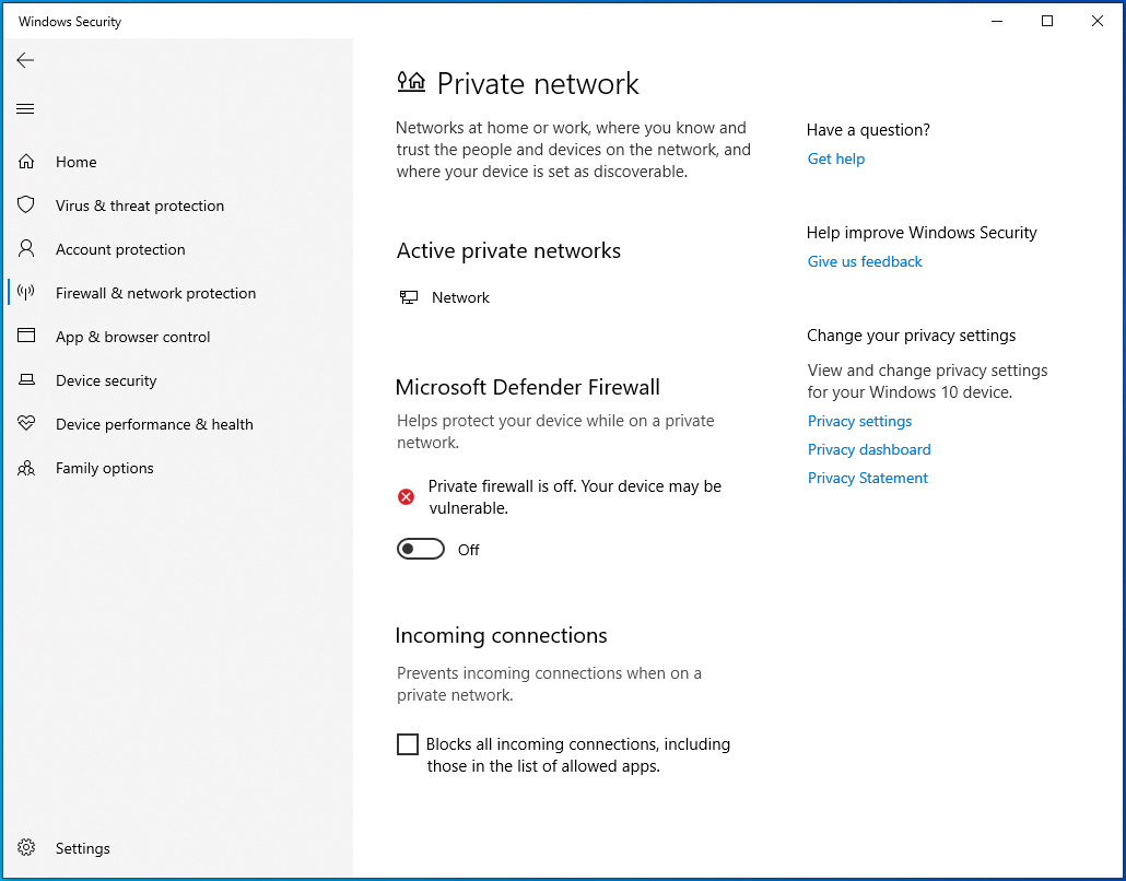 Disable Microsoft Defender Firewall.