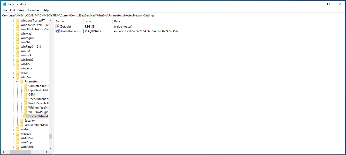 Go to System\currentcontrolset\services\wlansvc\parameters\HostedNetworkSettings.