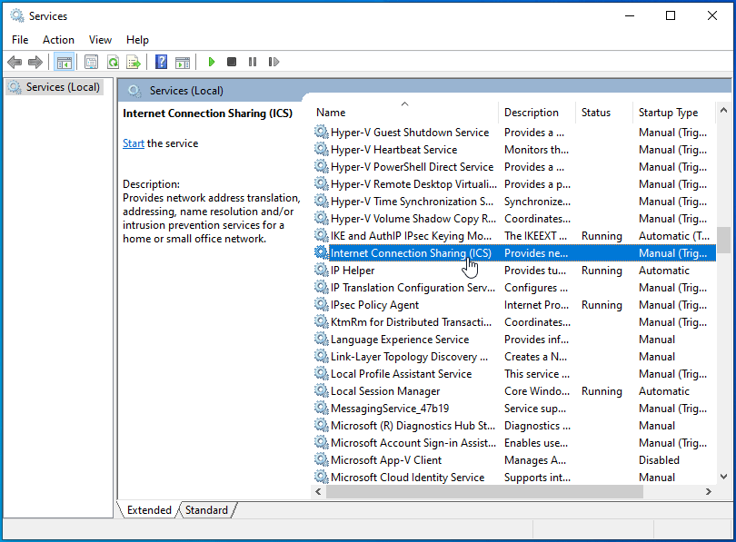 Navigate to Internet Connection Sharing.