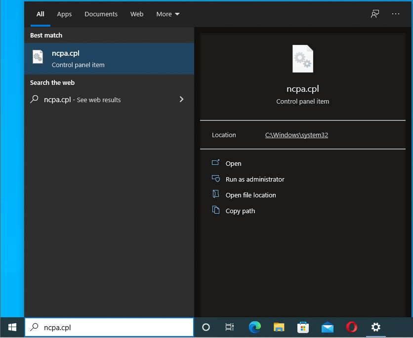 Type "ncpa.cpl" into Search.