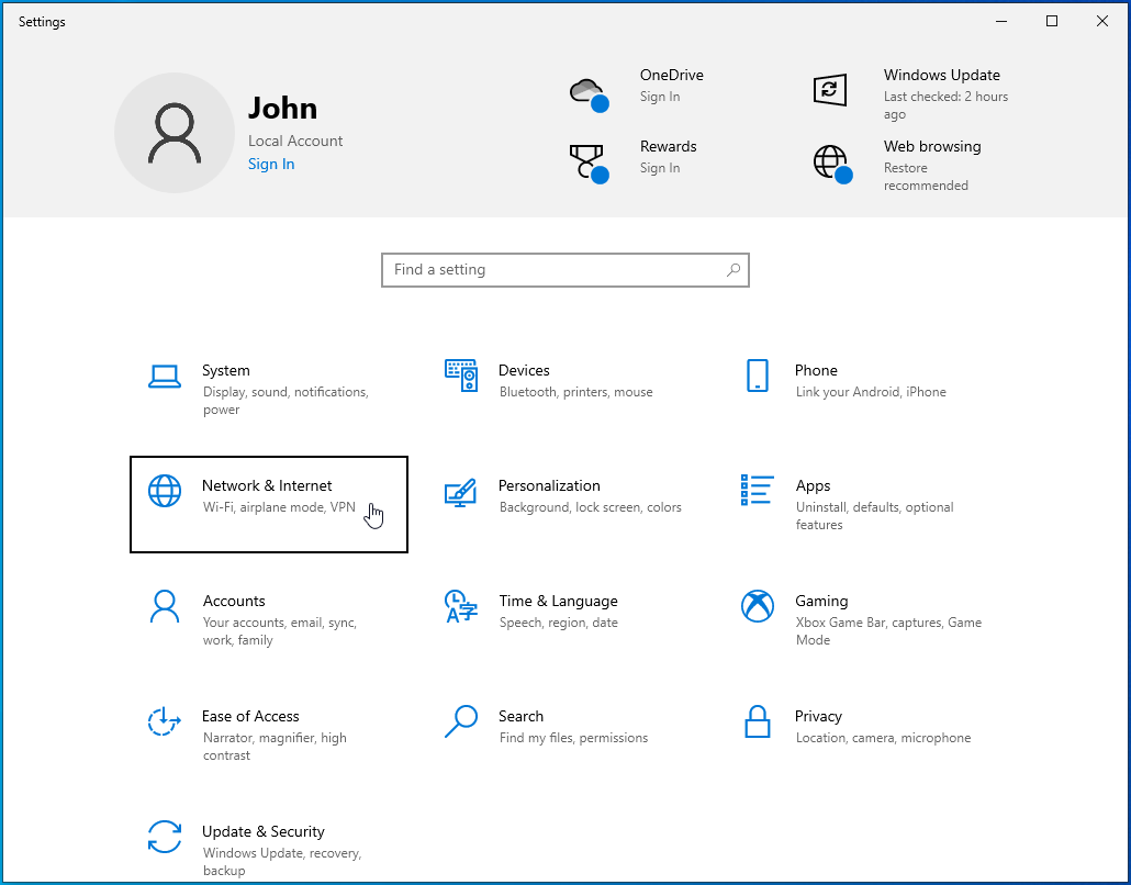 Select Network and Internet from Settings.