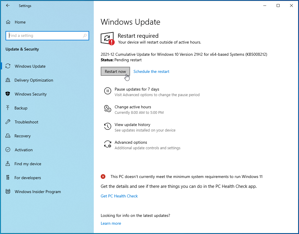 Restart your PC to install available updates.