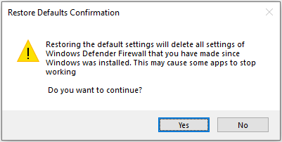 Click Yes to restore the defaults.