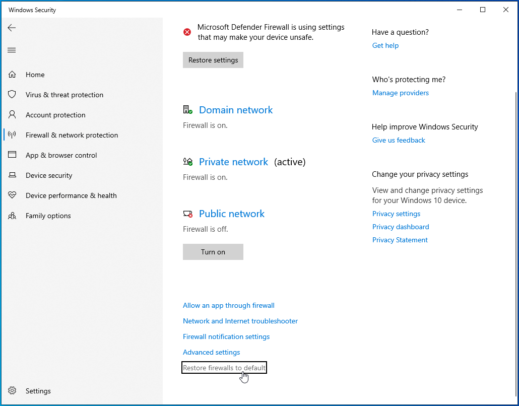 Click Restore firewalls to default.