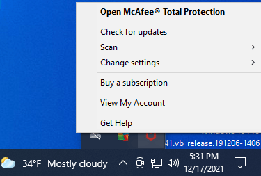 Right-click on the McAfee icon.