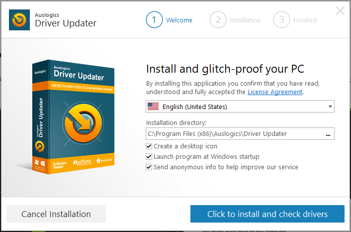 Select a language and install location.