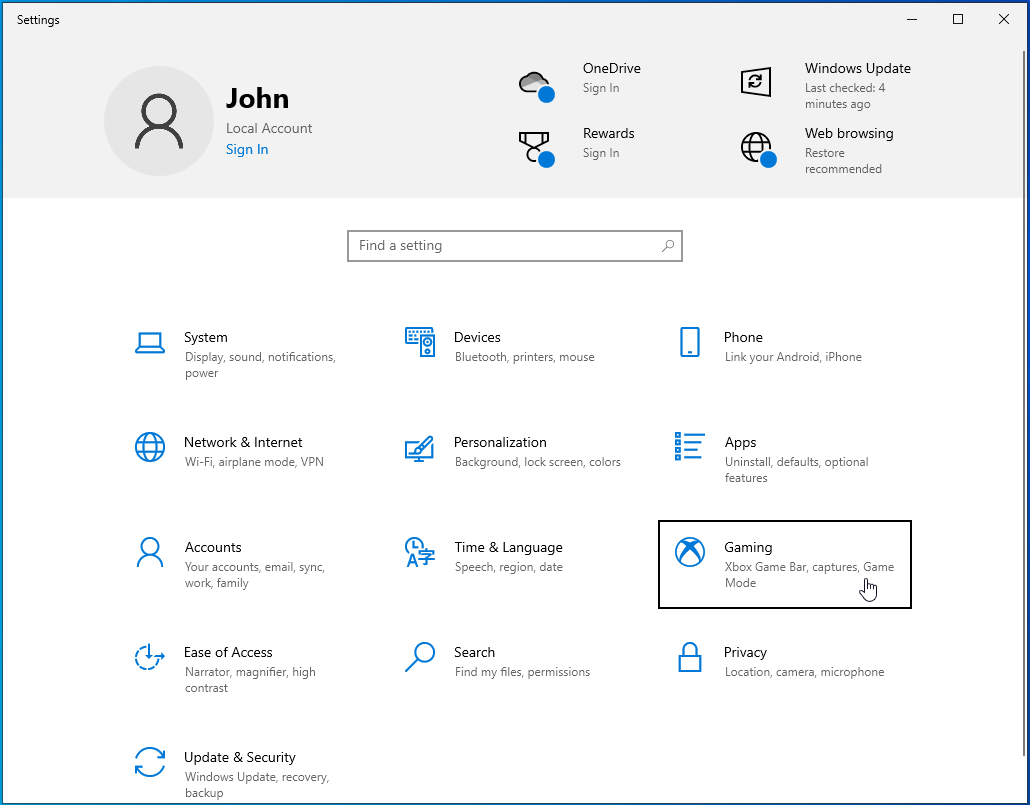 Select Gaming from the Settings menu.
