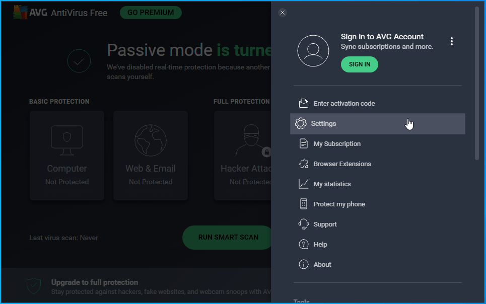 Select Settings from the menu.