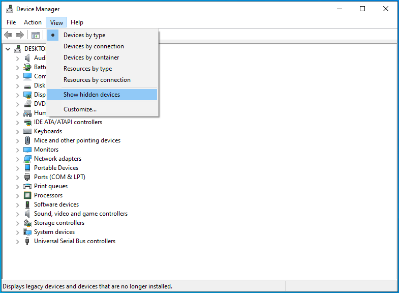 Select Show Hidden Devices from View.