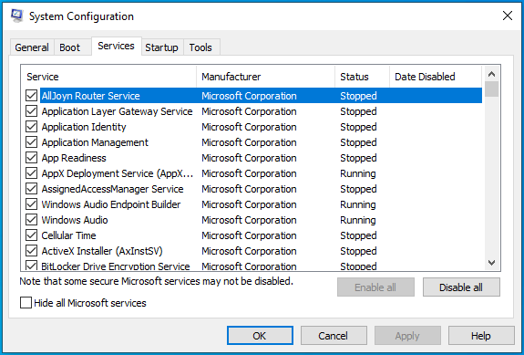 Navigate to the Services tab in the System Configuration window.