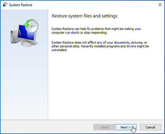 Click Next on the System Restore page.