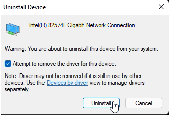 Click Uninstall to uninstall the device driver.