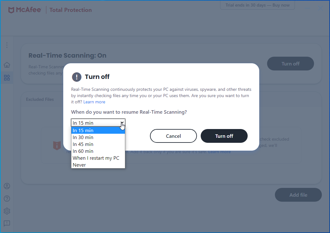 Choose how long you want to keep Real-Time Scanning turned off.