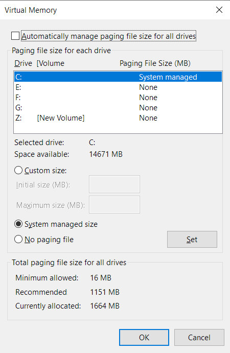 Uncheck "Automatically manage paging file size for all drives" and select your main Windows drive.