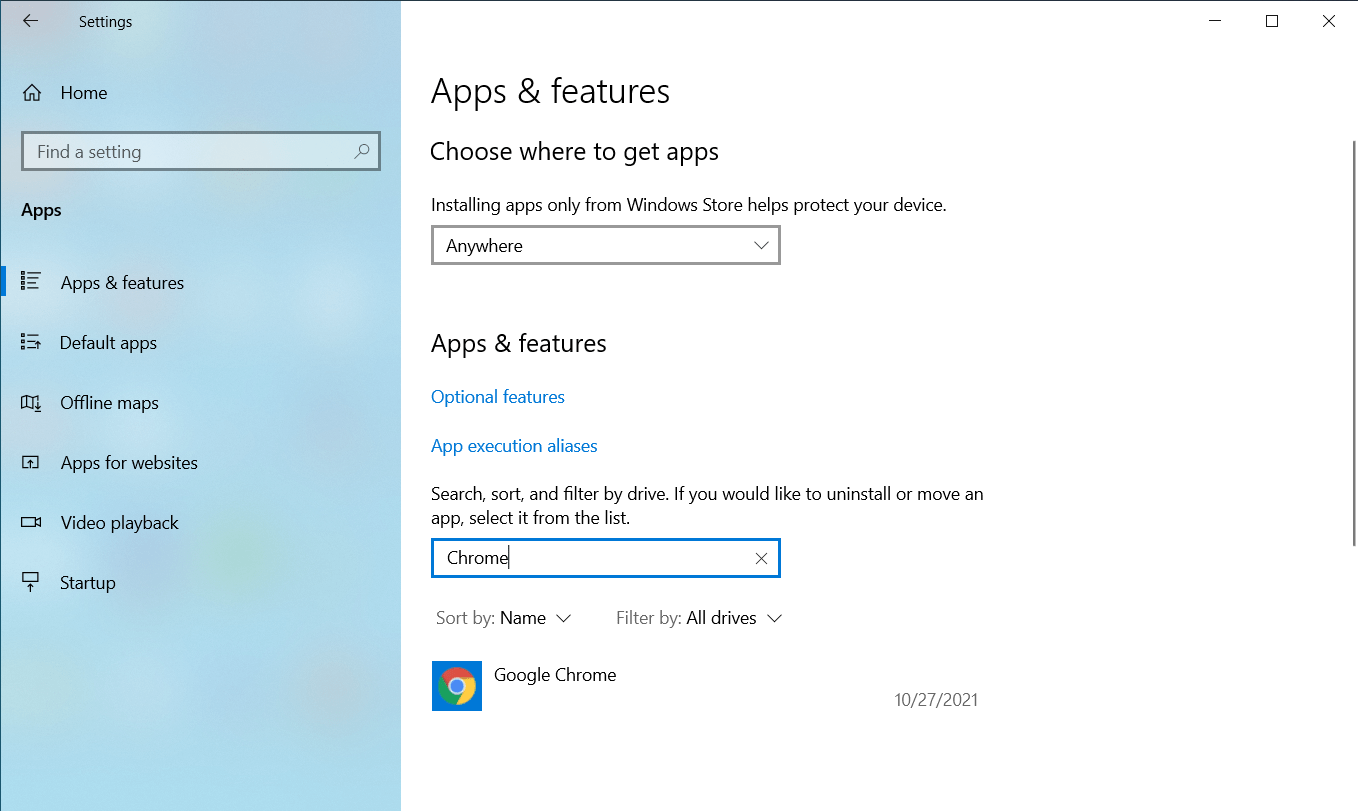 Type Chrome into the text field under Apps & Features.