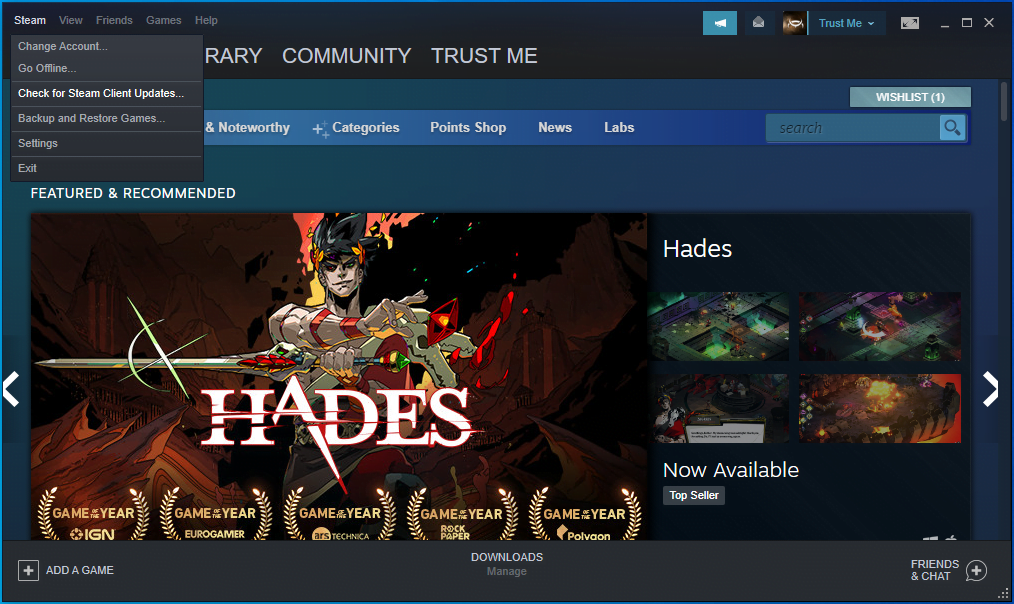 Click on Steam in the top right corner.