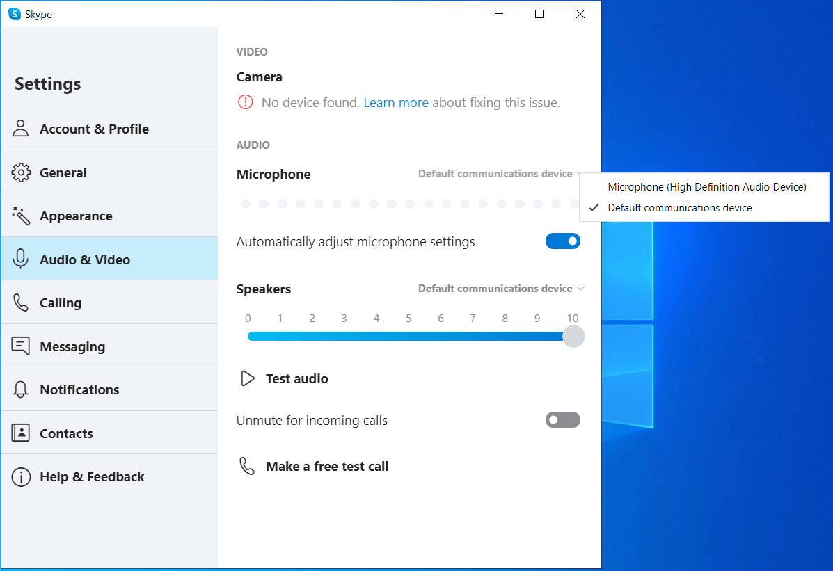 Navigate to Audio and select ‘Default communications device’.