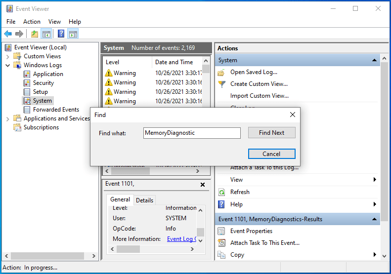 Input "MemoryDiagnostic" into the Find box.