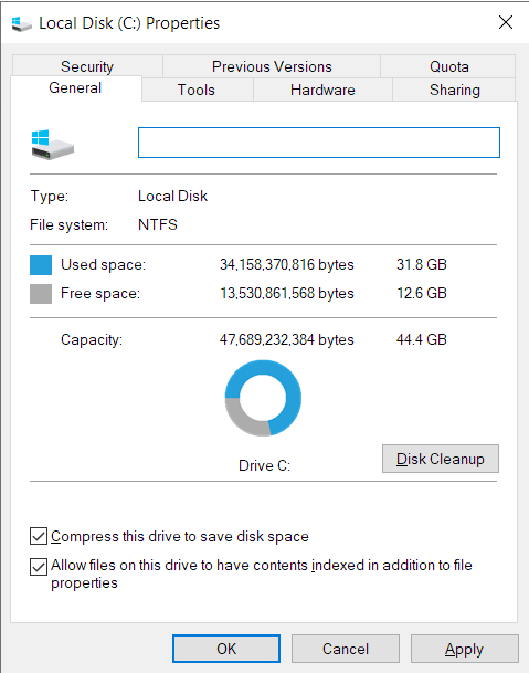 Navigate to the General tab and click Disk Cleanup.