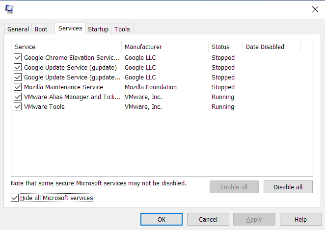 Open the Services tab and check "Hide all Microsoft services".