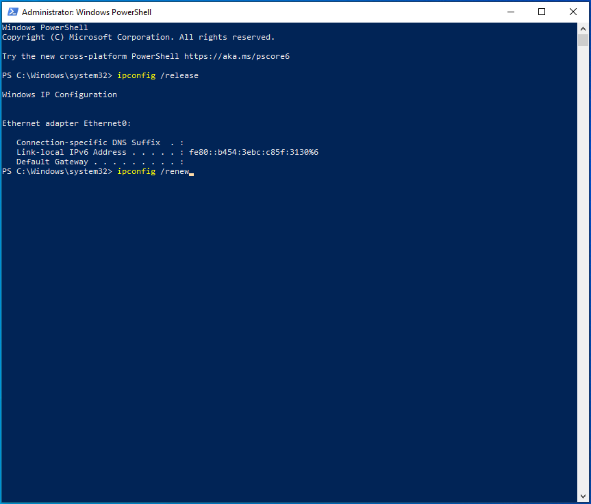 Enter ipconfig/renew into Windows PowerShell.